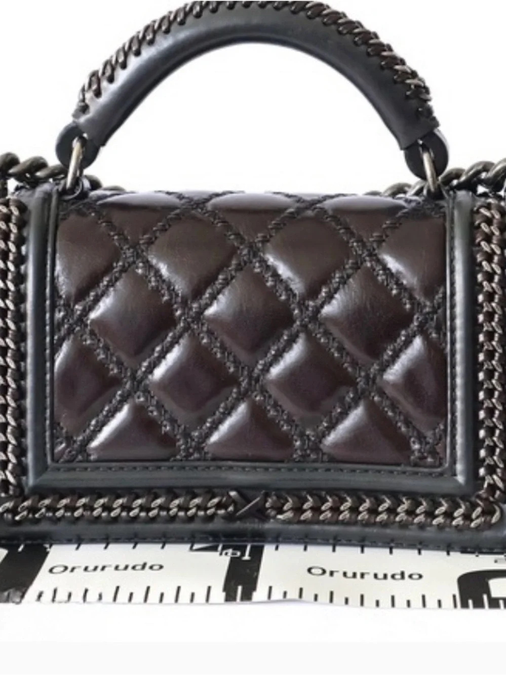CHANEL Boy 2-Way Chain Shoulder Bag Black Brown Quilted Top Handle 8”